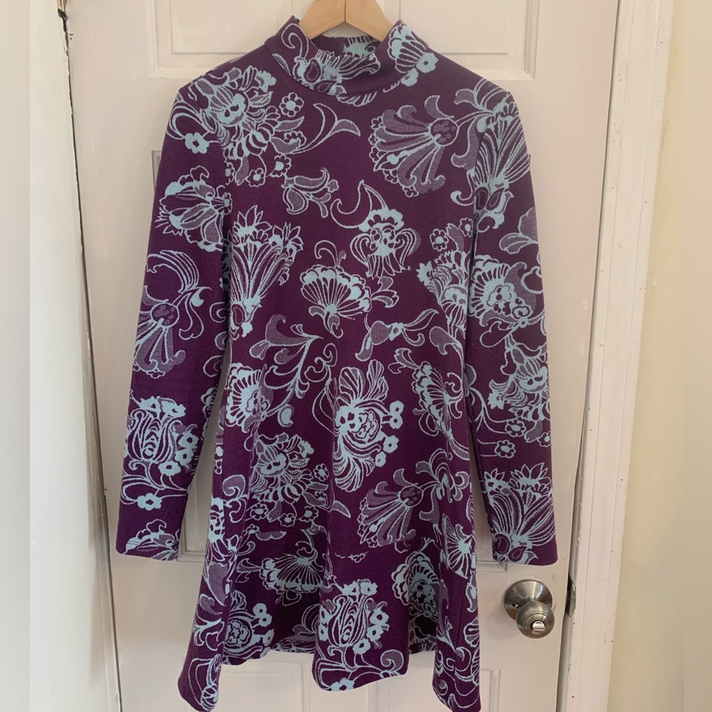 By Anthropologie Purple Mock Neck Sweater Mini Dress size Small paisley boho